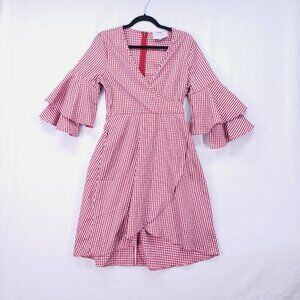 Charles Henry Red Dress Size M Fit Flare Plaid Picnic Low V Neck Faux Wrap Dress